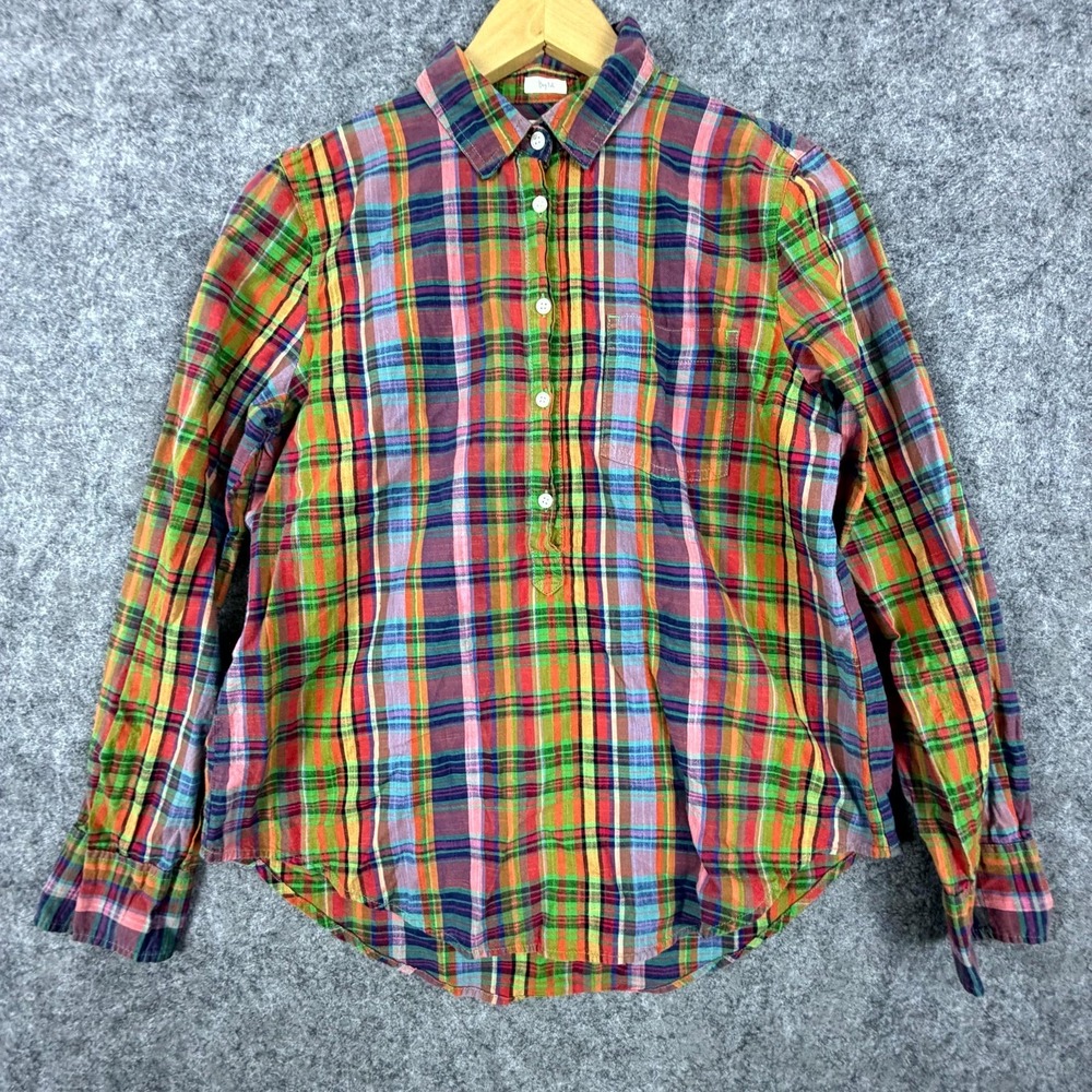 J.Crew Shirt Womens Small Multicolor Plaid Boy Fit Cotton Pleated‎ Half Button